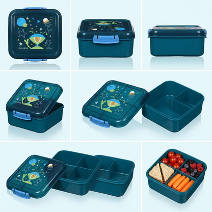 A 2x3 grid matrix showing six useful angles and configurations of the Sistema space-themed bento box.