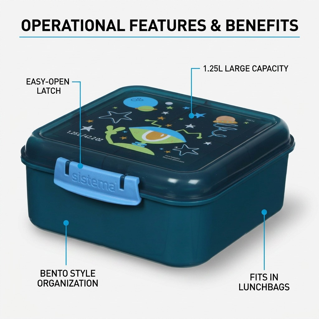 Sistema Kids Bento Cube features: a 1.25L multi-compartment design with easy-locking side clips.