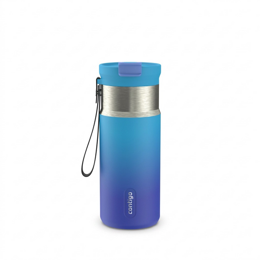 High-resolution 16oz Contigo Tween Dual Sip Indiglow ombre water bottle hero shot, pure white background.