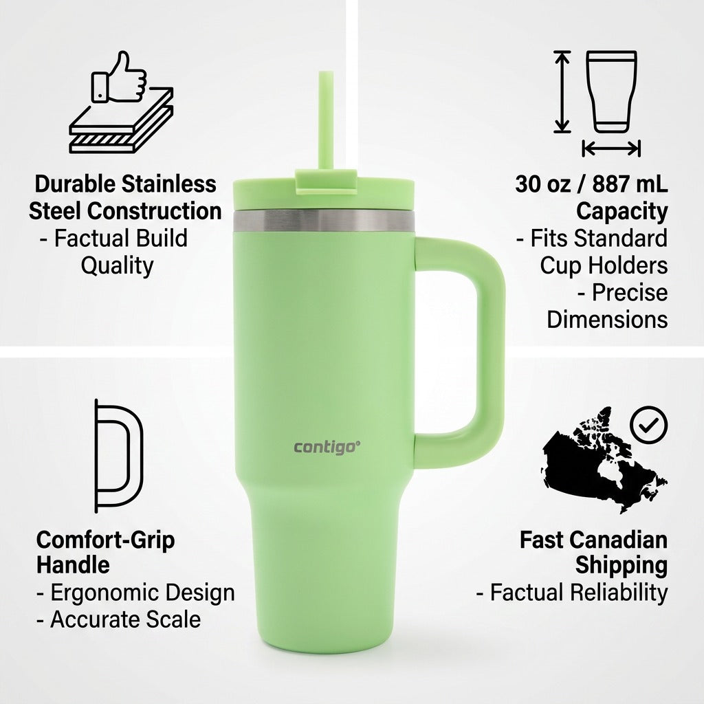 Trust and authority infographic showing features and fast Canadian shipping for the green Contigo Streeterville Tumbler.
