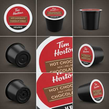 Variant matrix of Tim Hortons Hot Chocolate K-Cup shown in a 2x3 grid from six unique angles.