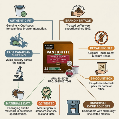 Infographic matrix for Van Houtte Original House Decaf K-Cups with 8 trust icons: Genuine K-Cups, Medium Roast, Decaf, 24-Count, QC Tested, Keurig Compatible, Clean Handling, Fast CAN Shipping.