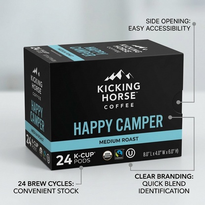 Kicking Horse Happy Camper K-Cup box with feature callouts for 24 brew cycles and easy side opening.