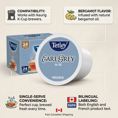 A graphic showing a Tetley Earl Grey K-Cup with four labels for compatibility, flavor, and labeling.