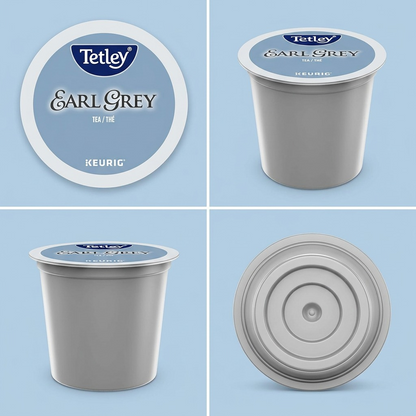 A clean e-commerce visual matrix showing the Tetley Earl Grey K-Cup product from four angles in a 2x2 grid.