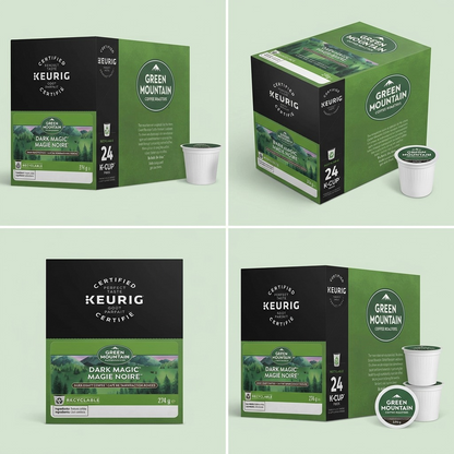 A matrix of three different angled views of the Keurig Green Mountain Dark Magic 24-count K-Cup box.