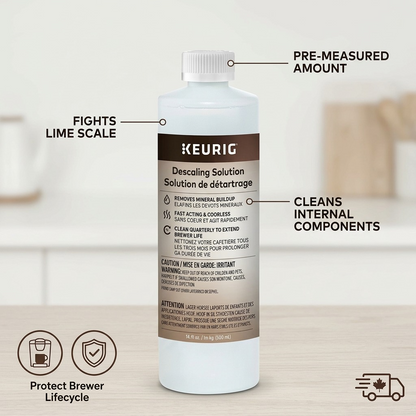 PDP image with accurate scale showing descaling solution bottle on a clean surface, with factual feature callouts.