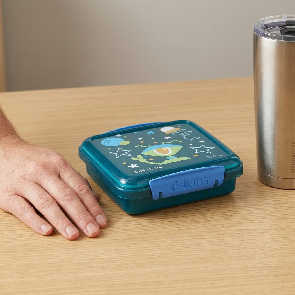 A photo of the Sistema Kids random alien sandwich box beside an adult hand for precise scale reference.
