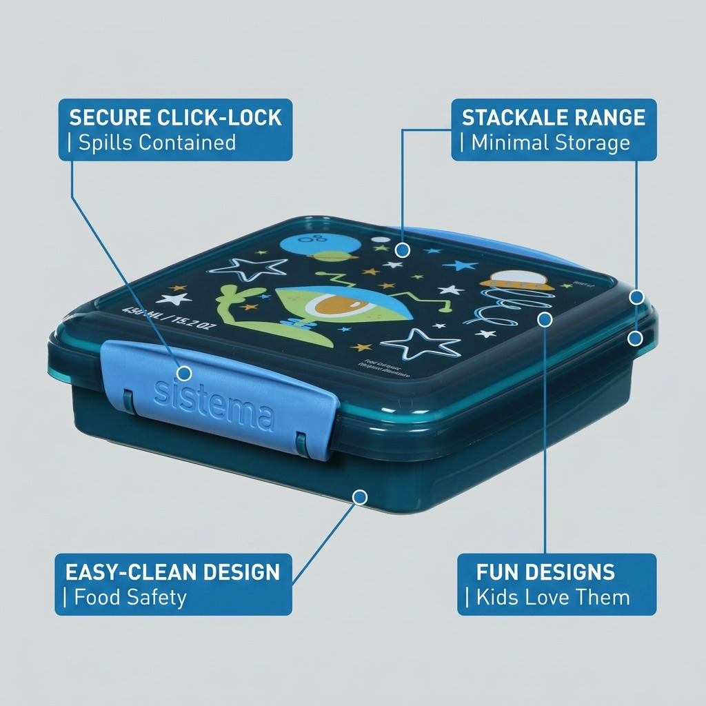 Sistema sandwich lunch box graphic highlighting secure clips and stackable design features