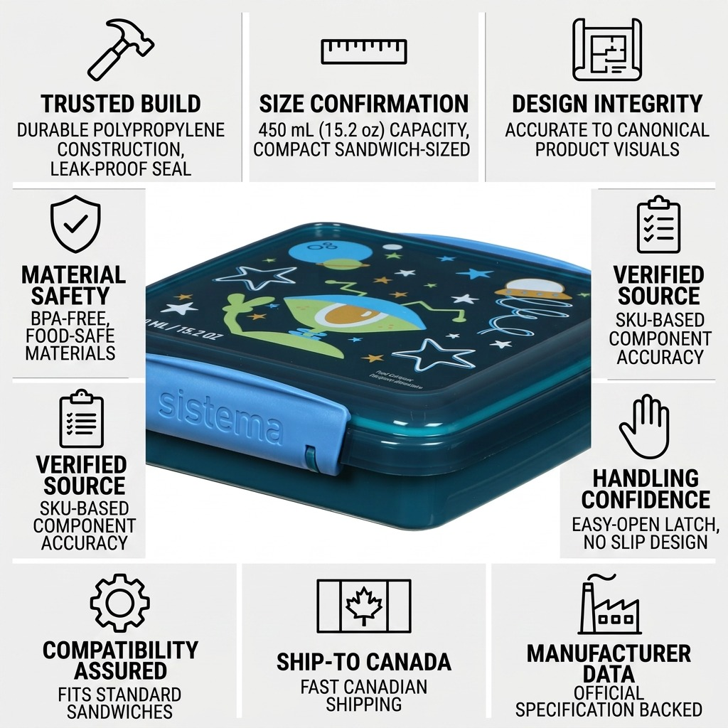 A trust and authority infographic with simple icons, factual cue text, and a Central Sistema 450 ML Sandwich Assorted container visual.