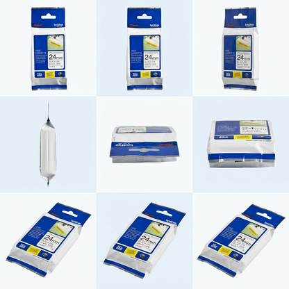 Grid showing Brother TZe-S251 24mm extra strength label tape packaging from multiple angles.