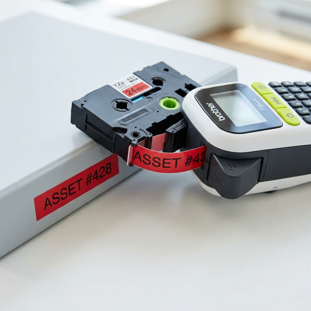 Brother TZe451 black on red 24mm label tape shown as an asset tag on a grey binder.