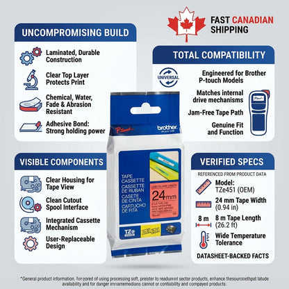 Infographic for Brother TZe451 24mm tape featuring durability specs and fast Canadian shipping.