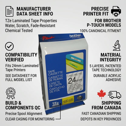 Infographic for Brother TZe-151 24mm tape showing printer fit, material durability, and shipping from Canada.