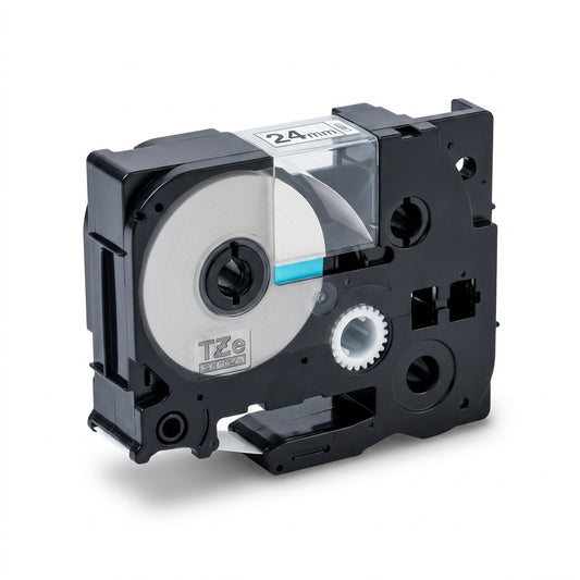 Brother Genuine TZe251 24mm black on white laminated P-touch label tape cartridge on white background.