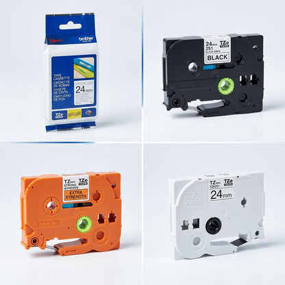 Grid showing Brother TZe251 label tape in retail packaging and three P-touch tape cartridge color variants.