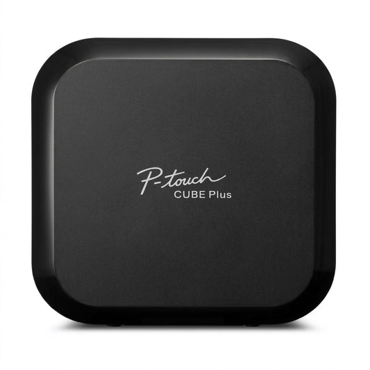 Front view of the sleek, square black Brother P-touch CUBE Plus PT-P710BT wireless label maker.