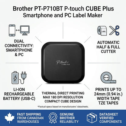 Brother PT-P710BT P-touch CUBE Plus feature list with icons for wireless, battery, and 24mm tape.