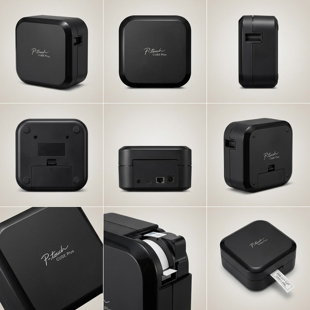 Grid of nine views showing the Brother P-touch CUBE Plus label maker from multiple useful angles.