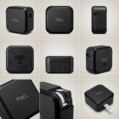 Grid of nine views showing the Brother P-touch CUBE Plus label maker from multiple useful angles.
