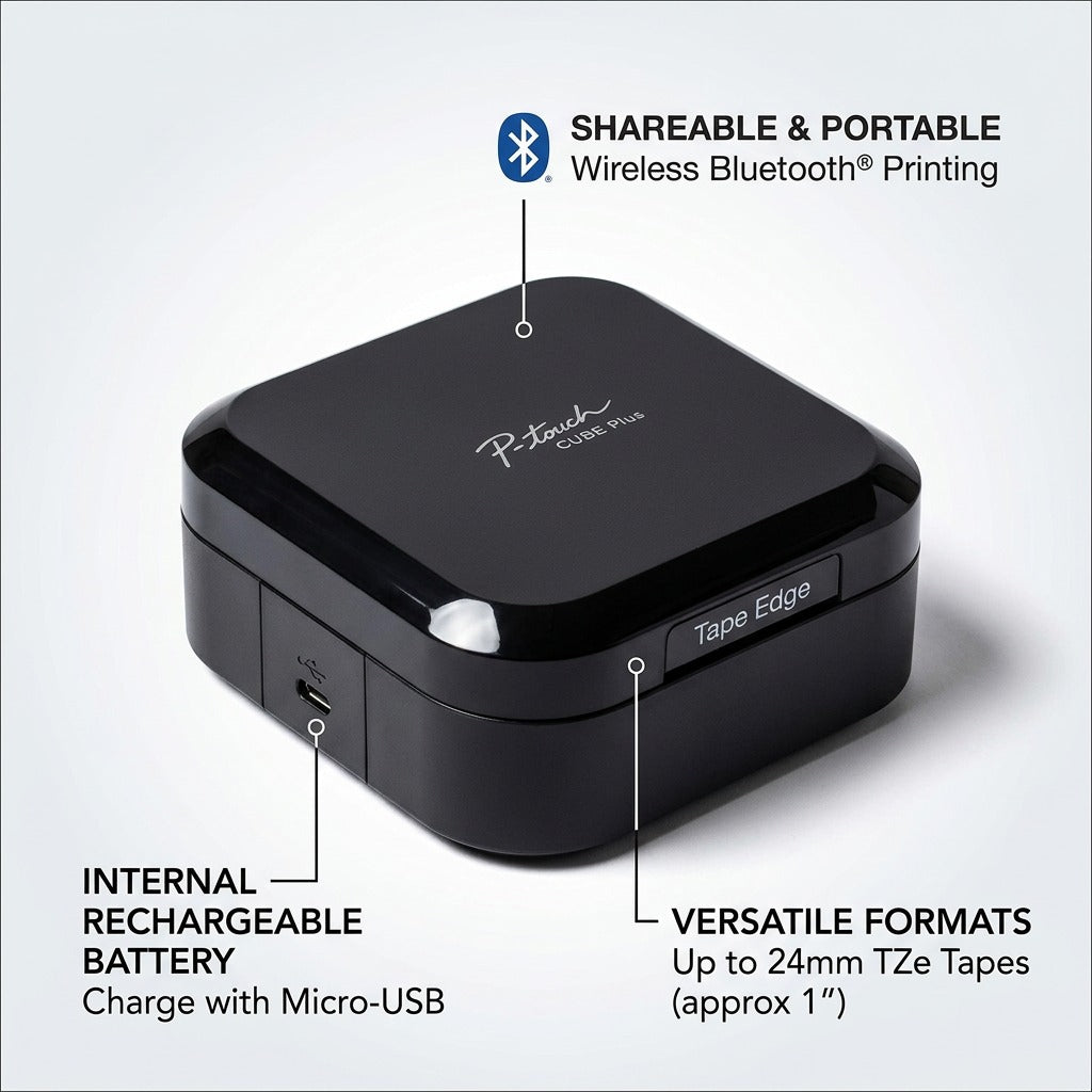 Brother P-touch CUBE Plus label maker features: Bluetooth printing, rechargeable battery, and 24mm TZe tape.