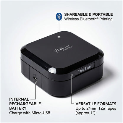 Brother P-touch CUBE Plus label maker features: Bluetooth printing, rechargeable battery, and 24mm TZe tape.