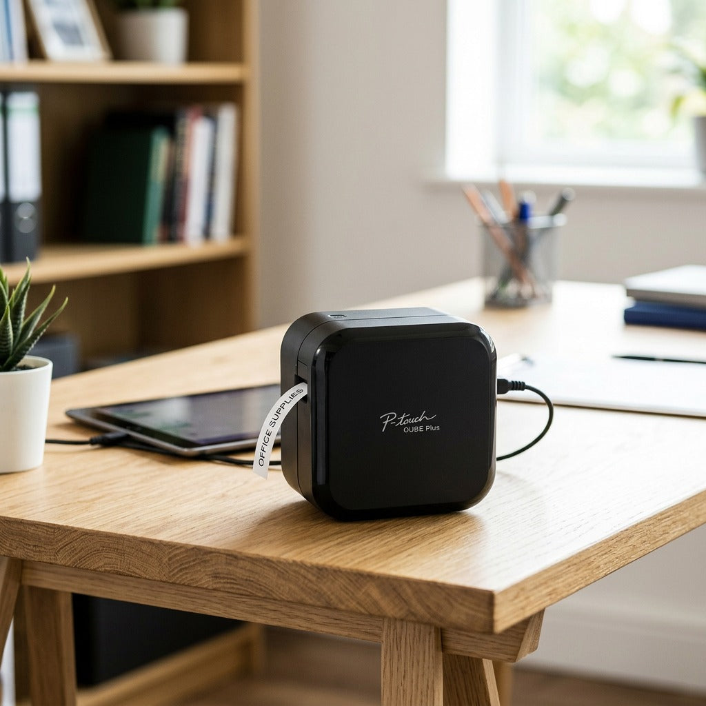 Brother P-touch CUBE Plus label maker printing an office supplies label on a modern wooden desk.
