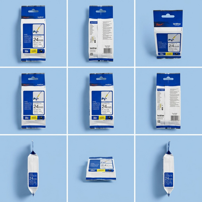 Grid of Brother TZe-FX251 24mm Flexible ID Tape showing various angles of the retail packaging.