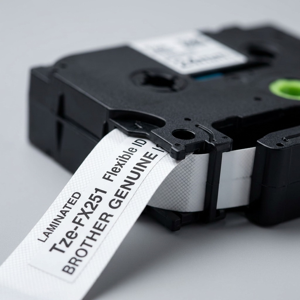 Macro detail of Brother TZe-FX251 Flexible ID Tape cassette showing black on white laminated tape.