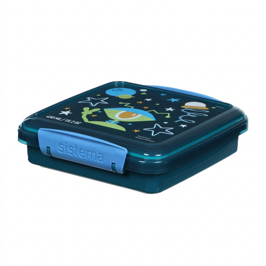 A high-resolution, pure white background product image of the Sistema 450 ML Kids Sandwich Box (Skateboard design), featuring its blue and green alien graphics and 'sistema' clip.