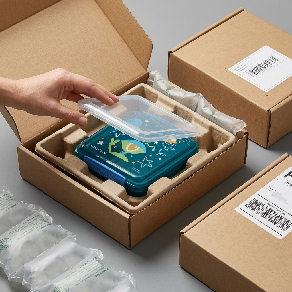 Open box with secure dunnage shows the Sistema lunchbox being lifted by a hand.