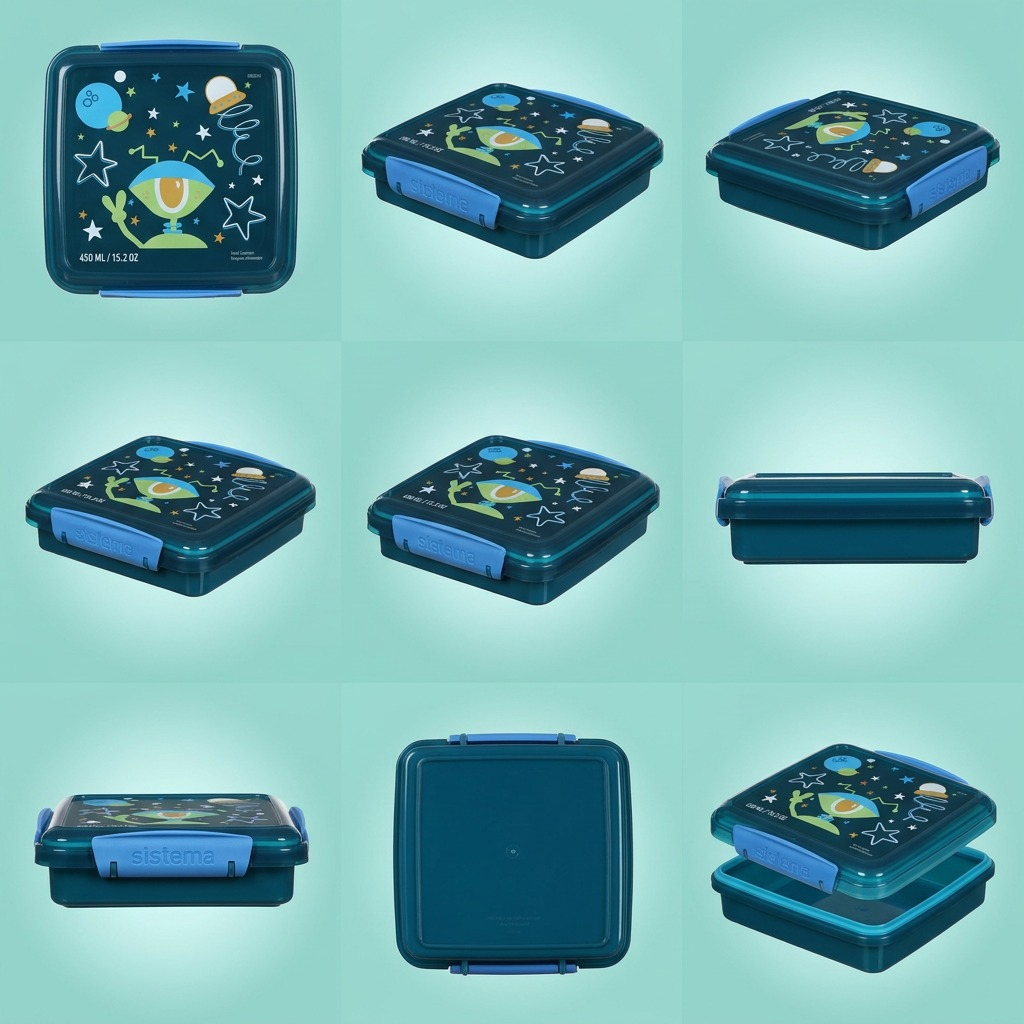 A clean grid matrix showing nine identical views of the Sistema Kids 450 ML Sandwich container from various high-quality ecommerce angles.