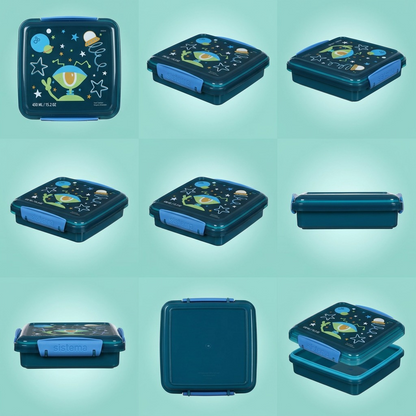 A clean grid matrix showing nine identical views of the Sistema Kids 450 ML Sandwich container from various high-quality ecommerce angles.