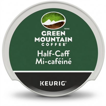 Hero shot of a Green Mountain Coffee Half-Caff K-Cup pod for Keurig brewers.