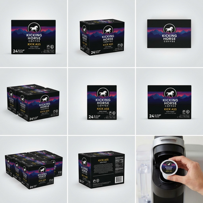 A clean six-panel grid displaying the Kicking Horse Kick Ass Coffee 24-count box from varied angles: front, top, side, perspective, group, and in use, against a soft gray branded gradient background.