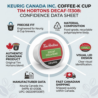 A product confidence infographic for Keurig Tim Hortons Decaf K-Cups with key factual data and Canadian shipping indication.