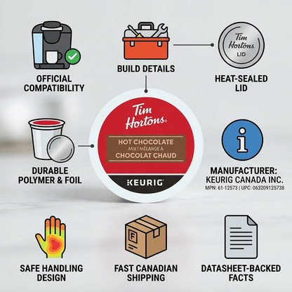 Trust and authority infographic for Tim Hortons Hot Chocolate K-Cups with key factual cues.