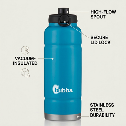 bubba Trailblazer 40oz Water Bottle with key operational features called out with concise benefits and pointer lines on a clean ecommerce background.