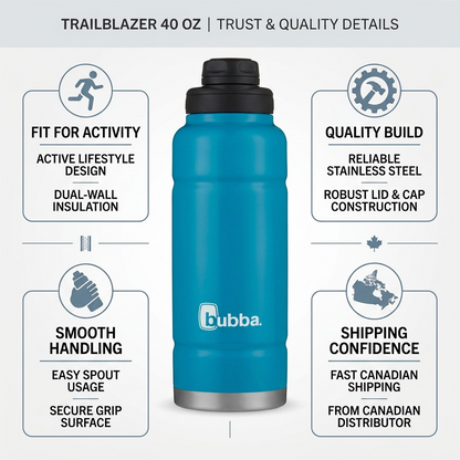 Infographic of Bubba Trailblazer, 40 oz, highlighting quality build, smooth handling, active lifestyle trim, and shipping confidence.