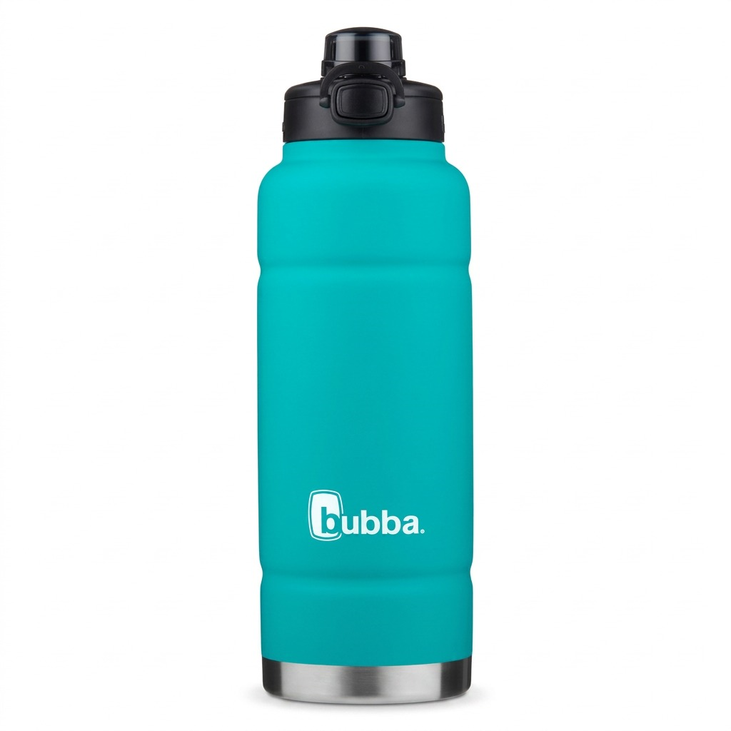 A high-resolution, centered image of a 40 oz Bubba Trailblazer stainless steel water bottle in Scuba blue, features a vacuum-insulated push-button cap and a stainless steel body. The product is against a plain white background.