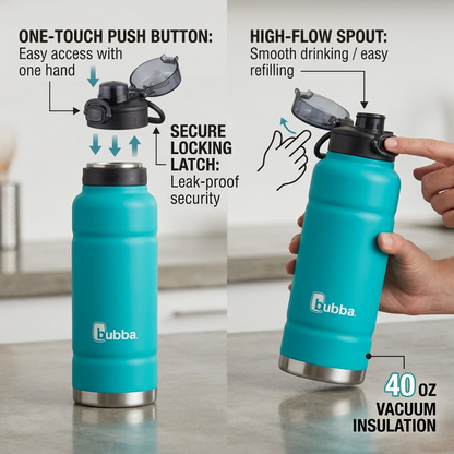 A feature graphic showing the blue Bubba Trailblazer 40oz bottle, with callouts for push button, lock, and spout.