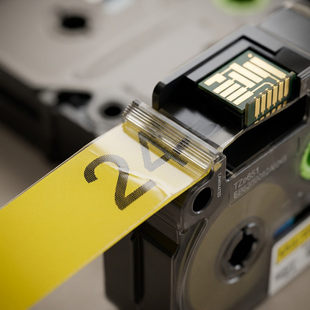 Macro detail of Brother TZe651 yellow laminated tape showing the 24mm width and electronic chip.