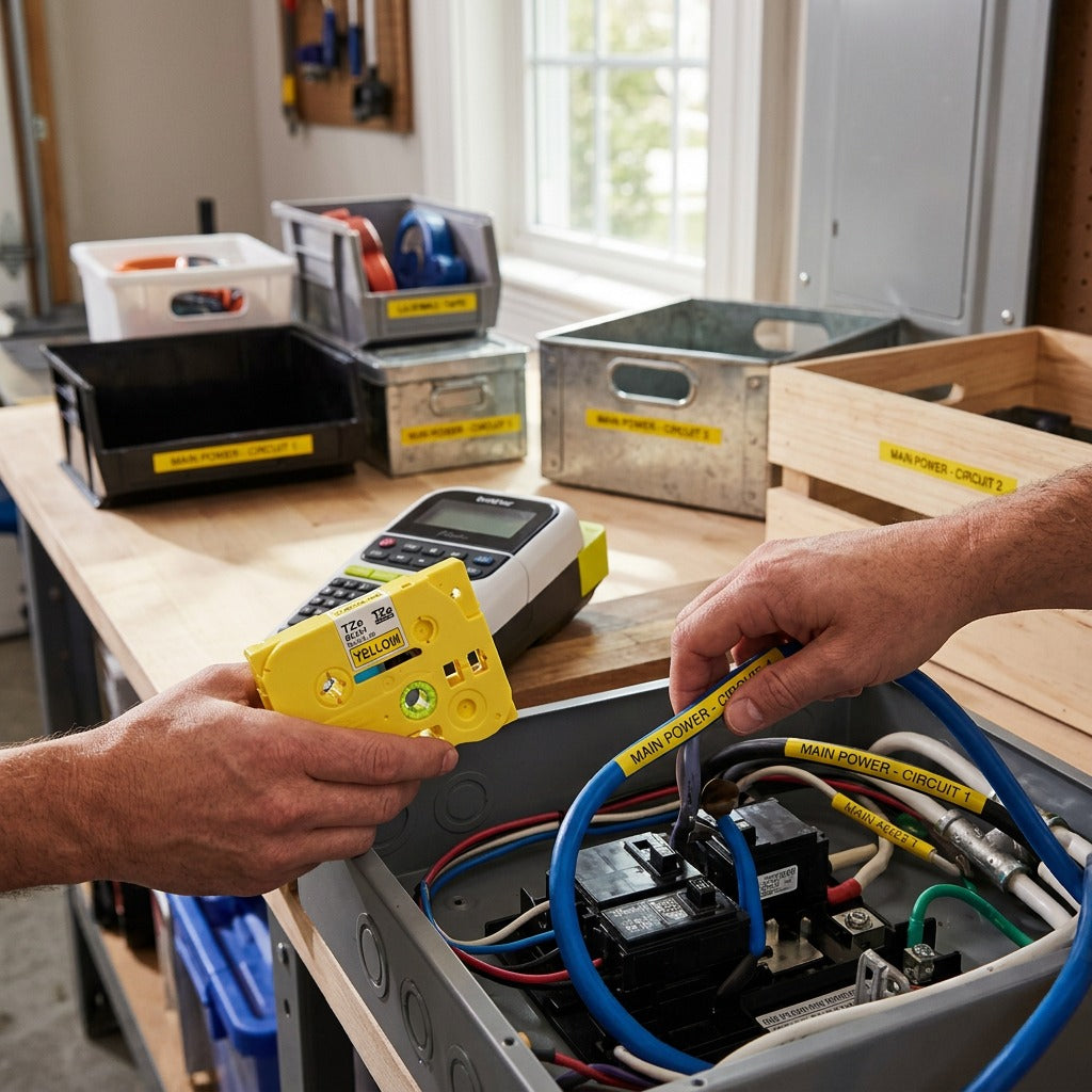 Brother TZe651 black on yellow 24mm label tape used to organize industrial cables and storage bins.
