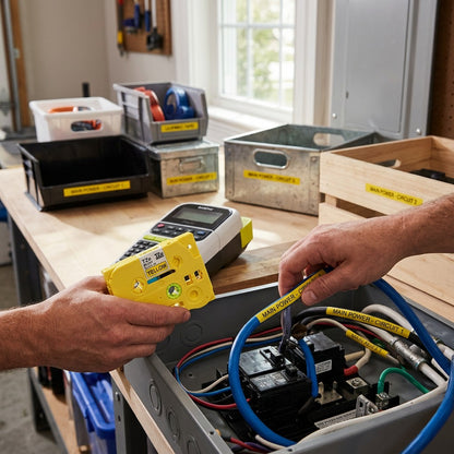 Brother TZe651 black on yellow 24mm label tape used to organize industrial cables and storage bins.