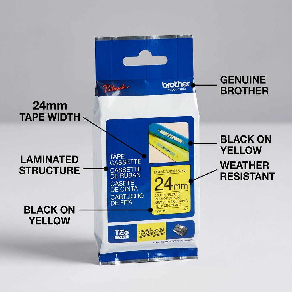 Brother Genuine TZe651 24mm black on yellow label tape features: laminated and weather resistant.