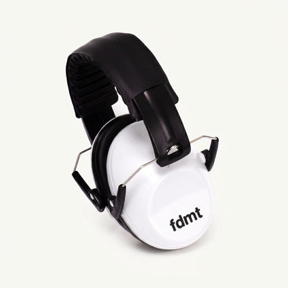 fdmt protective earmuffs in white with a padded black adjustable headband on a plain background
