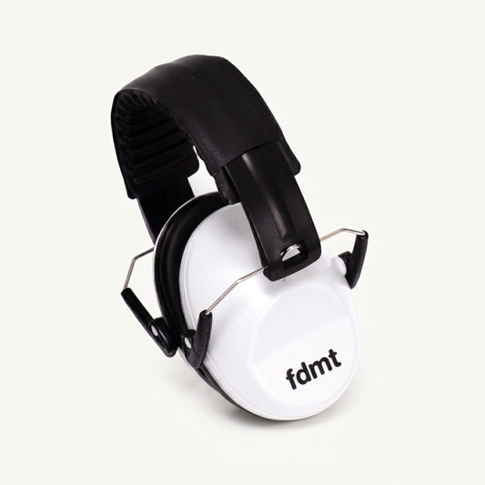 fdmt protective earmuffs in white with a padded black adjustable headband on a plain background