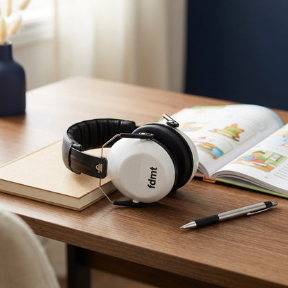 fdmt white protective earmuffs resting on a wooden desk next to a book, open textbook, and pen.