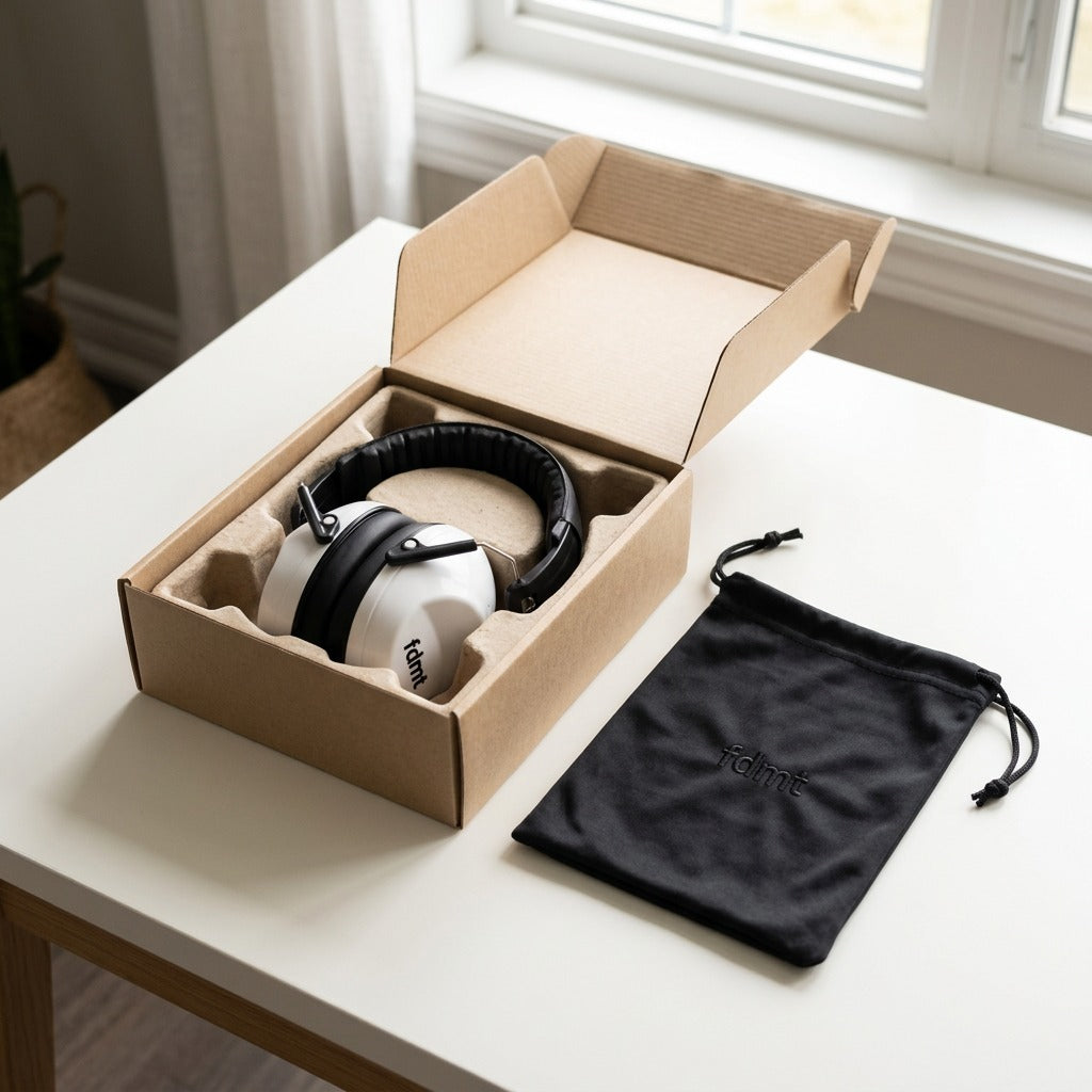 fdmt white noise reduction earmuffs in cardboard packaging next to a black drawstring storage pouch