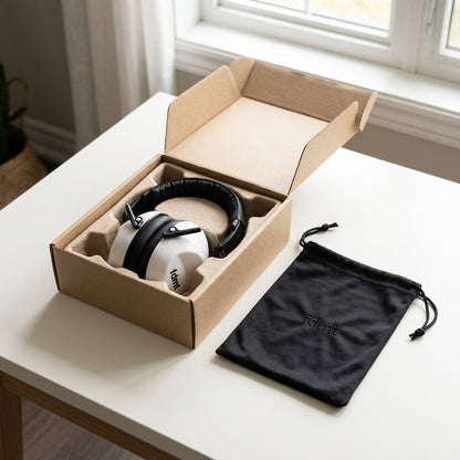 fdmt white noise reduction earmuffs in cardboard packaging next to a black drawstring storage pouch